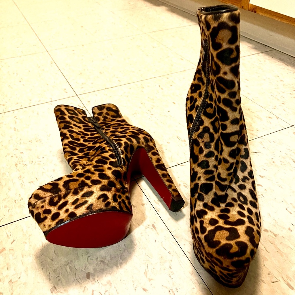 Louboutin Black and Brown Animal Print Ankle Boots with Signature Red Soles